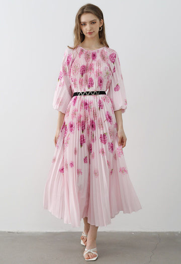 Floral Pleated Dress With Belt